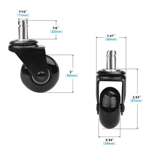 Heavy Duty 2 Inch Chair Caster Wheels Set Of 5 With Plug In 7/16 Inch Stem 7/8 Inch Length showing detailed dimensions