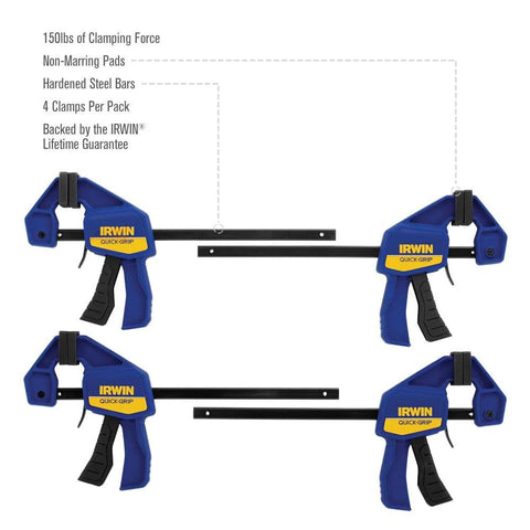 IRWIN Quick-Grip 6-inch blue one-handed mini bar clamps, 4-pack