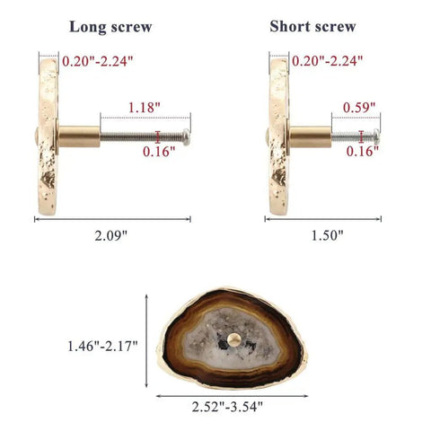 Slick Agate Stone Drawer Handles With Gold Plated Edges offer a fresh upgrade showing dimensions of long and short screws.