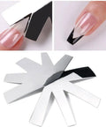 All In One French Nail Tip Cutter Kit With 3 Deep Smile Line Cutters shown in use with metallic material for precision nail art at home.