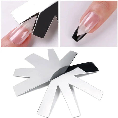 All In One French Nail Tip Cutter Kit With 3 Deep Smile Line Cutters shown in use with metallic material for precision nail art at home.