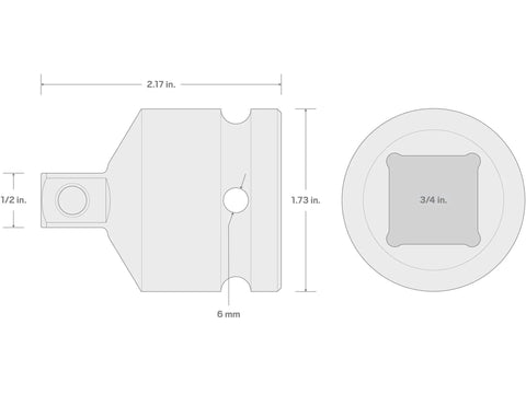 Three Quarter Inch Drive To One Half Inch Impact Reducer for Socket Sets with Ball Detent Retention, size diagram view.