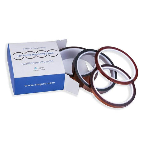 High Temp Polyimide Tape 4 Pack Set With Silicone Adhesive 1/8 Inch 1/4 Inch 1/2 Inch 1 Inch box and rolls on display