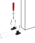 Installation diagram of Barn Door Floor Guide Matte Black Metal Floor Mounted Bottom Guide Hardware Adjustable For Sliding Doors Two Pack Durable Carbon Steel With Powder Coated Finish Works With Grooved And Non Grooved Doors.