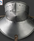 Front view of Articulated Iron Gorget With Bevor Neck Armor For Cosplay And Larp Battle Ready SCA Gothic Neck Plate Medieval Warrior Protector.
