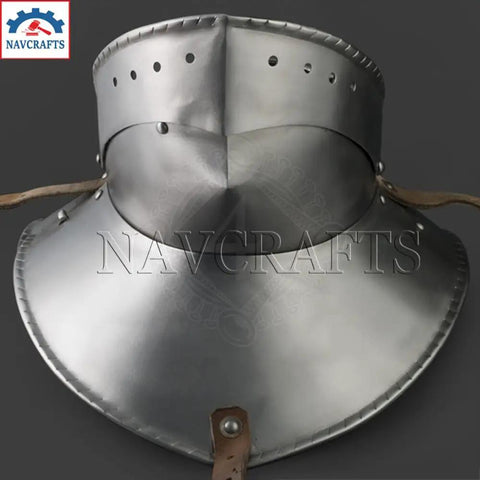 Front view of Articulated Iron Gorget With Bevor Neck Armor For Cosplay And Larp Battle Ready SCA Gothic Neck Plate Medieval Warrior Protector.