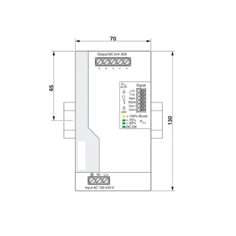 Heavy Duty Industrial Power Supply Rock Solid 24 Volt Dc 20 Amp Din Rail Mount dimensions diagram, showcasing input and output details.