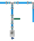 Three Quarter Inch Shop Air Line Kit With 100 Ft HDPE Aluminum Hose Blue For Garage Air Compressors, Built Tough High Pressure Piping Up To 200 Psi, Corrosion Resistant 3 Layer Tubing HDPE Aluminum HDPE Meets ASTM F1282 F1974. Installed piping sections with fittings.