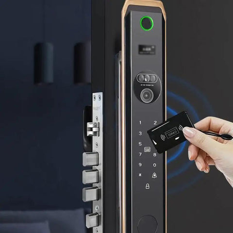 Level Up Your Home Security With This Fully Automatic Fingerprint Lock And Bright Display Made For Wooden Doors, featuring a keypad and RFID access.