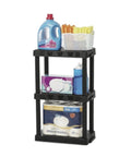 Rock Solid Black 3 Tier Plastic Storage Shelving Unit Badass Heavy Duty Free Standing Rack Supporting 50 Lbs Per Tier Measuring 12 Deep By 20 Wide By 32 Inches For Closet Organization holding laundry supplies.