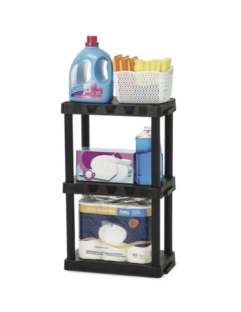 Rock Solid Black 3 Tier Plastic Storage Shelving Unit Badass Heavy Duty Free Standing Rack Supporting 50 Lbs Per Tier Measuring 12 Deep By 20 Wide By 32 Inches For Closet Organization holding laundry supplies.