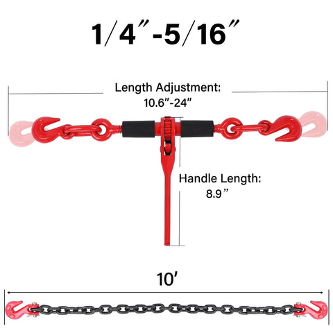 G80 Chain And Binder Set One Quarter To Five Sixteenths Inch Four Pack With Ten Foot Chains Ratchet Tie Down Binders Built Tough For 2200 Lbs Working Load Includes G80 Chain Hooks For Safer Tie Downs