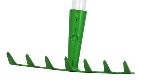 Green Little Diggers Metal Bow Rake Garden Tool For Kids, showing close-up of durable tines suitable for outdoor yard cleanup.