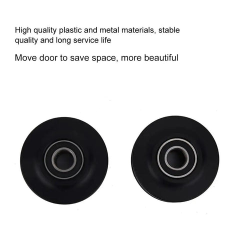 2 Pack Barn Door Sliding Roller Wheels Kit For DIY Sliding Door Project, shown are two round black roller wheels
