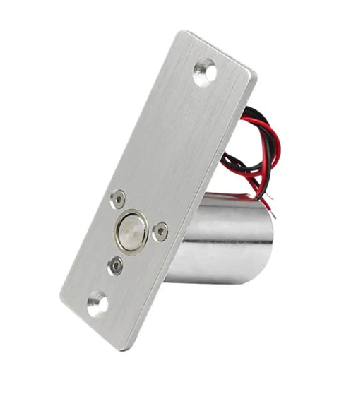 Heavy Duty DC12V Electronic Mortise Lock Featuring Drop Bolt Deadbolt showing silver metal housing and dual wires for connectivity.
