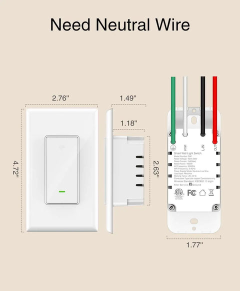 Dimensions and details of Single Pole 2.4GHz WiFi Smart Light Switch For Lights Works With Alexa And Google Home Neutral Wire Required