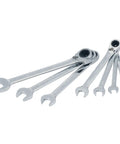 7 Piece SAE Reversible Ratcheting Wrench Set With 72-Tooth Box End, 15 Degree Offset, Chrome Finish arranged in a fan shape.