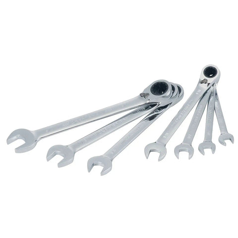 7 Piece SAE Reversible Ratcheting Wrench Set With 72-Tooth Box End, 15 Degree Offset, Chrome Finish arranged in a fan shape.