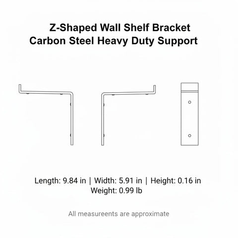 Technical drawing of Z Shaped Carbon Steel Wall Bracket For Floating Shelves Beefy Heavy Duty Black Mounting Bracket