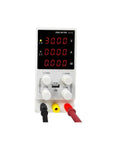 Adjustable DC Power Supply 0 To 30V 0 To 10A With Rock Solid Output And Low Ripple Built In Overvoltage Overcurrent Short Circuit And Overheat Protections Durable Case With Heat Dissipation Vents For Safe Lab Or DIY Projects, front view with leads connected