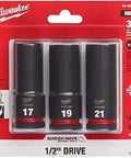 Packaging of Three Piece Metric Tire Lug Socket Set For Cars And SUVs, Half Inch Drive Impact Duty, 17, 19, 21 mm sizes.