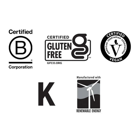 Certification badges for Target Mins Calcium Magnesium Complex, including gluten-free, vegan, and renewable energy icons.