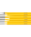 Six Piece Heavy Duty Steel Drive Punch Kit For Woodworkers And Mechanics Featuring Flat Chisel And Center Tips To Nail Drill Points On Metal Projects With Rust Proof Coating And Pro Tough Durability, six yellow steel punches 1.5mm-8mm