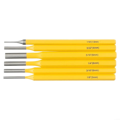 Six Piece Heavy Duty Steel Drive Punch Kit For Woodworkers And Mechanics Featuring Flat Chisel And Center Tips To Nail Drill Points On Metal Projects With Rust Proof Coating And Pro Tough Durability, six yellow steel punches 1.5mm-8mm