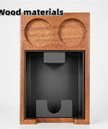 Heavy Duty Wooden Espresso Knock Box With 58mm Tamper Base showing wood materials and dual slot design for espresso preparation.
