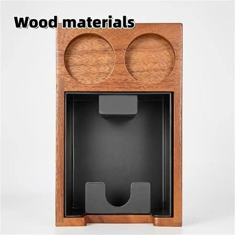 Heavy Duty Wooden Espresso Knock Box With 58mm Tamper Base showing wood materials and dual slot design for espresso preparation.