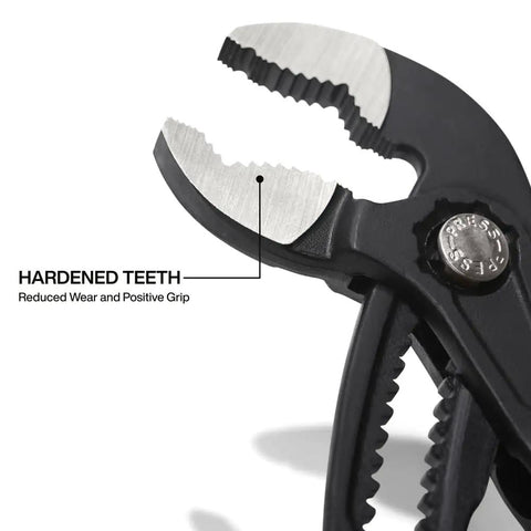 Close-up of 7 Inch Adjustable Pliers With Quick Adjust Klaw Pump Pliers Design For Maximum Torque, showing hardened teeth.