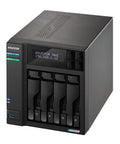 Rock Solid 4 Bay Network Attached Storage Drive Featuring Intel Quad Core CPU Dual 5GBE Ethernet Four M.2 NVMe Slots 4GB DDR4 RAM And Two Included 4TB SSD Drives For Effortless Backups Home Servers And Sweet Media Streaming Ready To Roll Anytime shown from a front angle, showcasing four drive bays and display.
