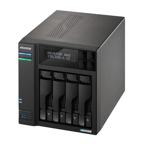 Rock Solid 4 Bay Network Attached Storage Drive Featuring Intel Quad Core CPU Dual 5GBE Ethernet Four M.2 NVMe Slots 4GB DDR4 RAM And Two Included 4TB SSD Drives For Effortless Backups Home Servers And Sweet Media Streaming Ready To Roll Anytime shown from a front angle, showcasing four drive bays and display.