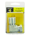 Front view: Universal swivel hydraulic adapter, 1/2 in male to 3/8 in female, 90-degree metal fitting.