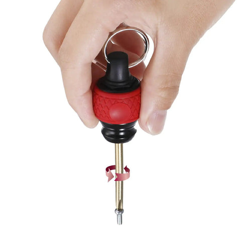 Person holding Ball Grip Bit Holder With Keychain For One Quarter Inch Hex Bits Handy Interchangeable Stubby Driver Red Cushioned Grip