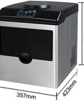 Smooth Operator Countertop Ice Maker with touch controls, silver and black design, dimensions 357mm x 423mm x 452mm.