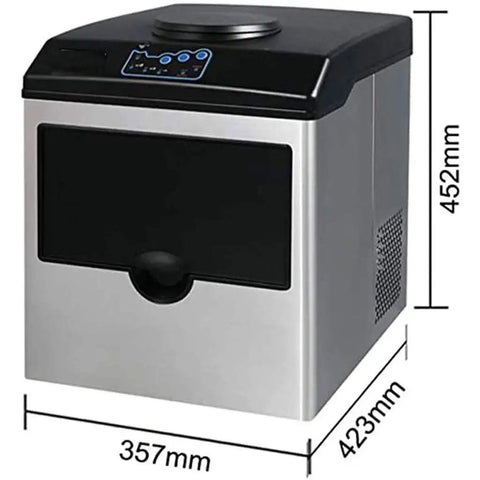 Smooth Operator Countertop Ice Maker with touch controls, silver and black design, dimensions 357mm x 423mm x 452mm.