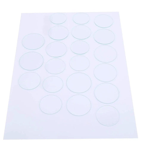 Watch Glass Replacement Kit 21 Pcs Flat Mineral Crystal Lenses 35mm To 45mm 1.2mm Thick Displayed on White Background
