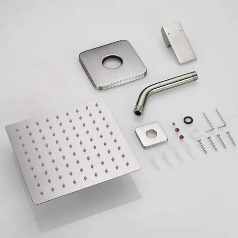 Brushed Nickel Rain Shower System With Wall Mount Square Shower Head Kit All In One Bathroom Trim disassembled view