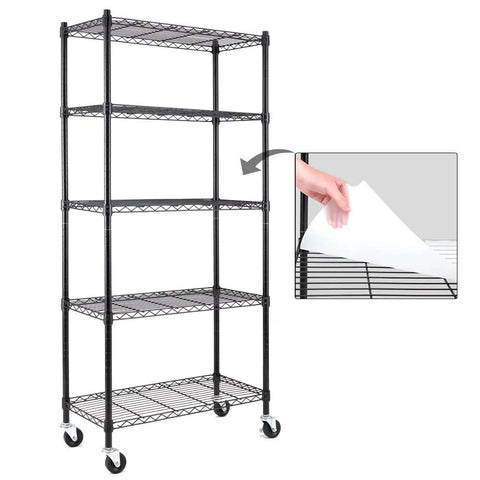 Heavy Duty 5 Shelf Wire Shelving Unit On 3 Inch Wheels With Shelf Liners Set Of 5 NSF Certified Adjustable Carbon Steel Storage Racks