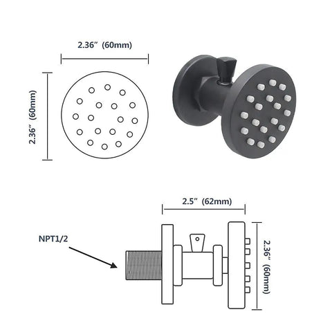 2 Inch Brass Shower Body Spray Jets With Independent On Off Switch And 360 Degree Rotation Matte Black Wall Mount Dimensions