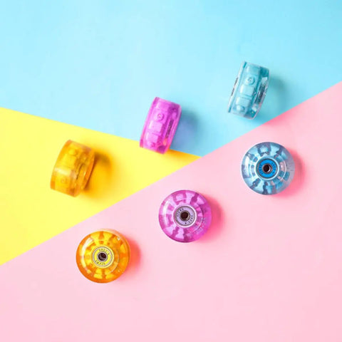 Light Up Quad Skate Wheels Set of 4 with Bearings for Indoor and Outdoor Roller Skates, Iridescent Pink Purple Glow on colorful background