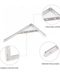 Stainless Steel Triangle Shelf Bracket Fits Standard Wood Boards for Kitchen and Bathroom Wall Storage, showing details and finish.