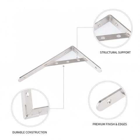 Stainless Steel Triangle Shelf Bracket Fits Standard Wood Boards for Kitchen and Bathroom Wall Storage, showing details and finish.