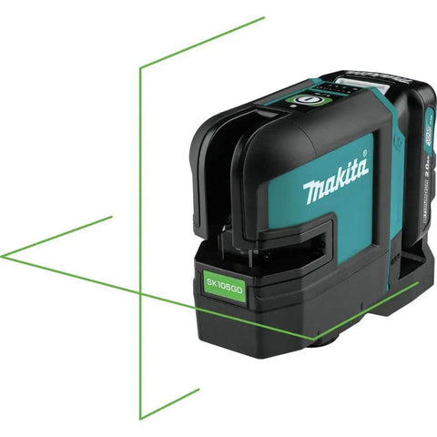 Pro Grade Cordless Leveling Laser Delivering Bright Green Beam Cross Lines For Crisp Layouts And Plumb Setup Built Solid As A Rock With 12V Battery Running Smooth For Killer All Day Runtime, showing the unit emitting green cross lines.