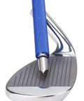 Close-up of groove sharpener for golf clubs re grooving tool and cleaner on a wedge iron, durable blue finish.
