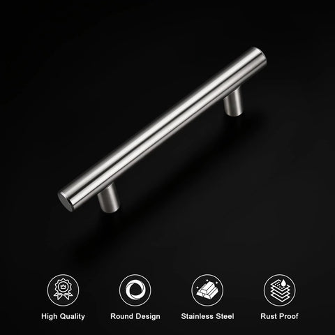 Front view of Six Pack Three Inch Hole Center Brushed Nickel T Bar Cabinet Pulls Stainless Steel Kitchen Cabinet Handles.
