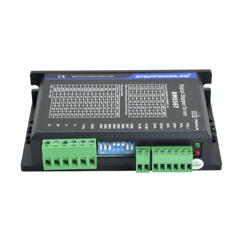 Front view of StepperOnline DM556T digital stepper driver module with green terminal blocks