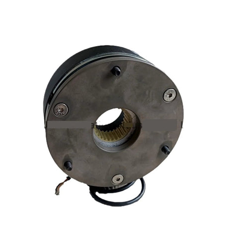 Electromagnetic brake for servo motor; round dark housing with brass splined central bore and visible wiring.