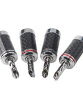 Top Shelf Banana Plugs Quad Pack With Secure Screw Lock Mechanism And Smooth Carbon Fiber Shell For Crisp Signal Transfer, showing four connectors.